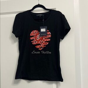 Louis Vuitton Black Tee with Red Heart Design Y2K